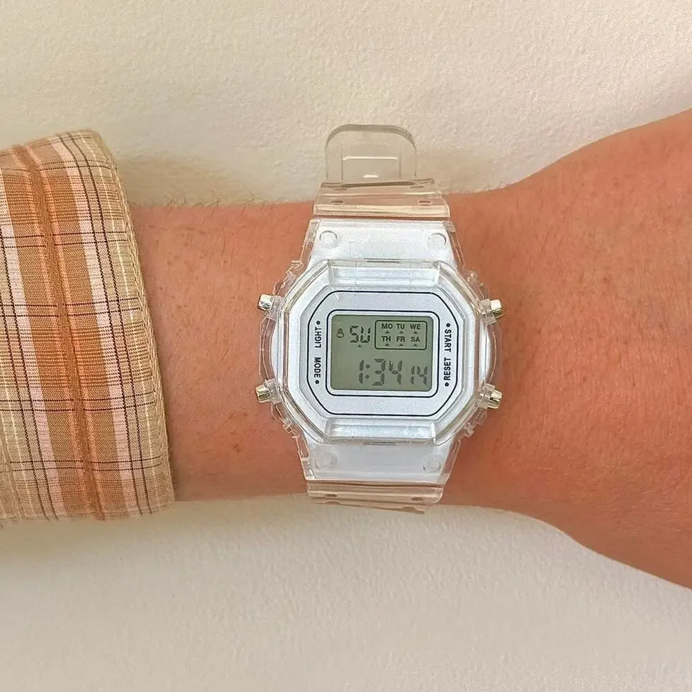 Clear Digital Watch White Accents Unisex Y2K Style Quartz New